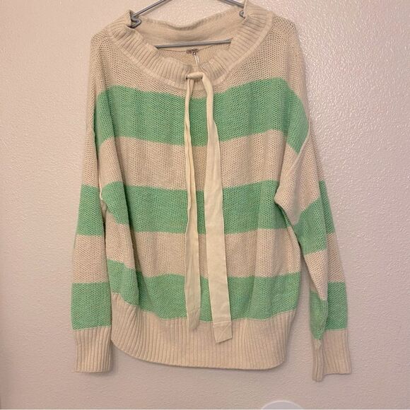 Free People Cassidy Off Shoulder open Knit Sweater kelle green Stripe linen S - Picture 2 of 9
